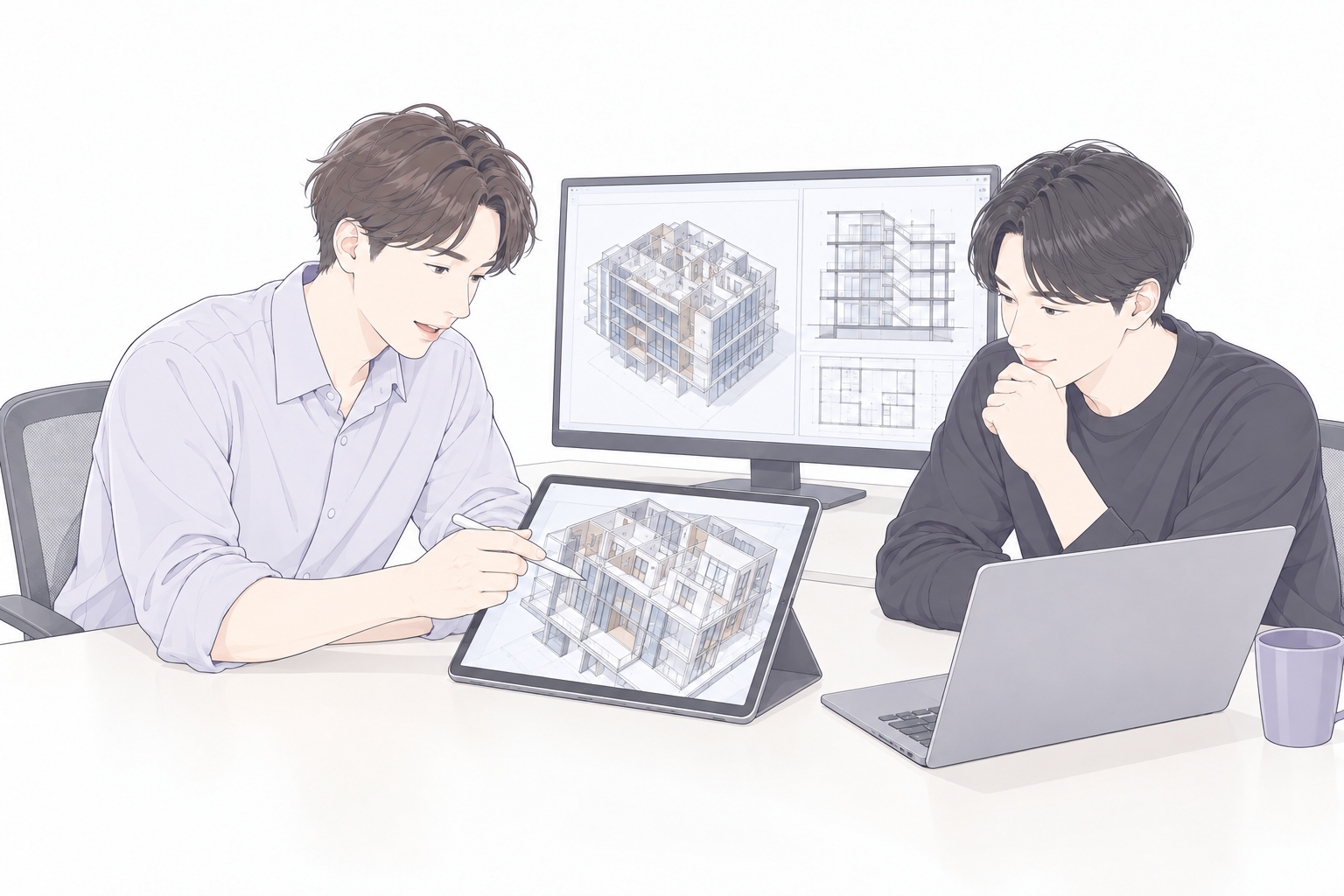 設計者と制作担当者が図面とBIMモデルを確認しながら相談するイラスト