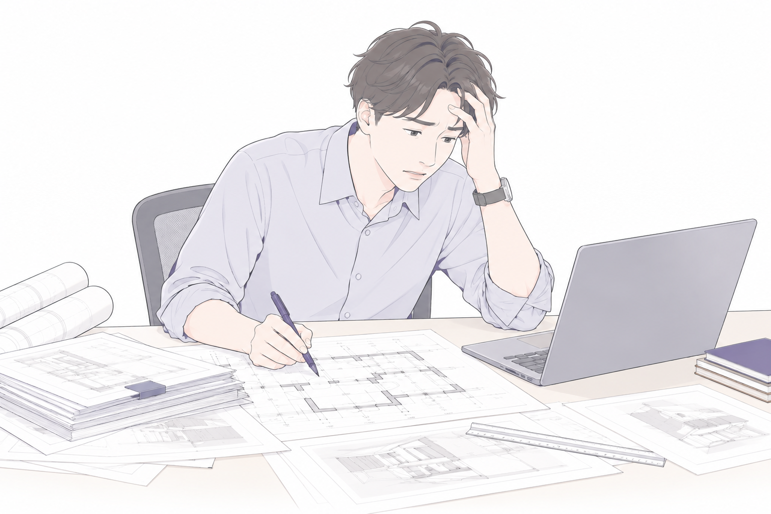図面とPCを前に、額に手を当てて対応に困っている設計者のイラスト